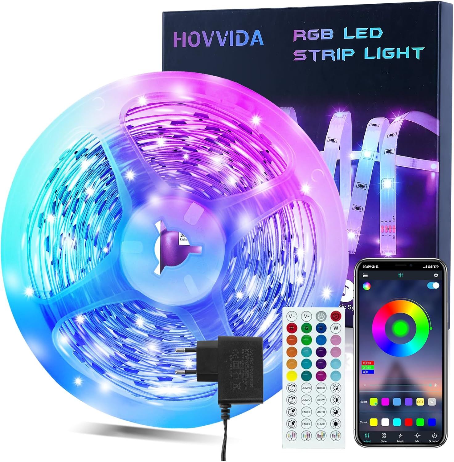 Vue principale : Bandeau LED RGB 10m HOVVIDA musique et télécommande