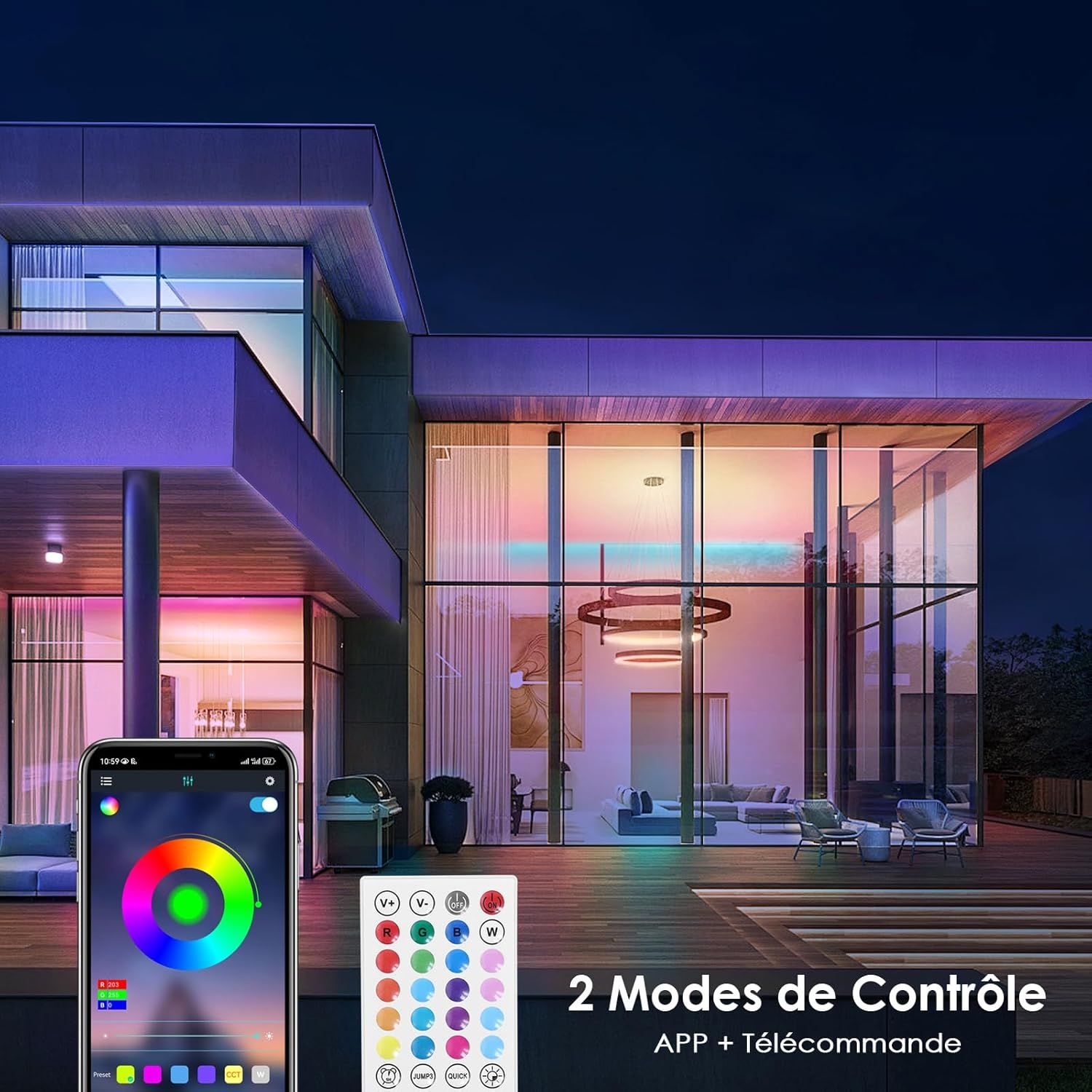 Télécommande et interface de l'application mobile pour le bandeau LED HOVVIDA.