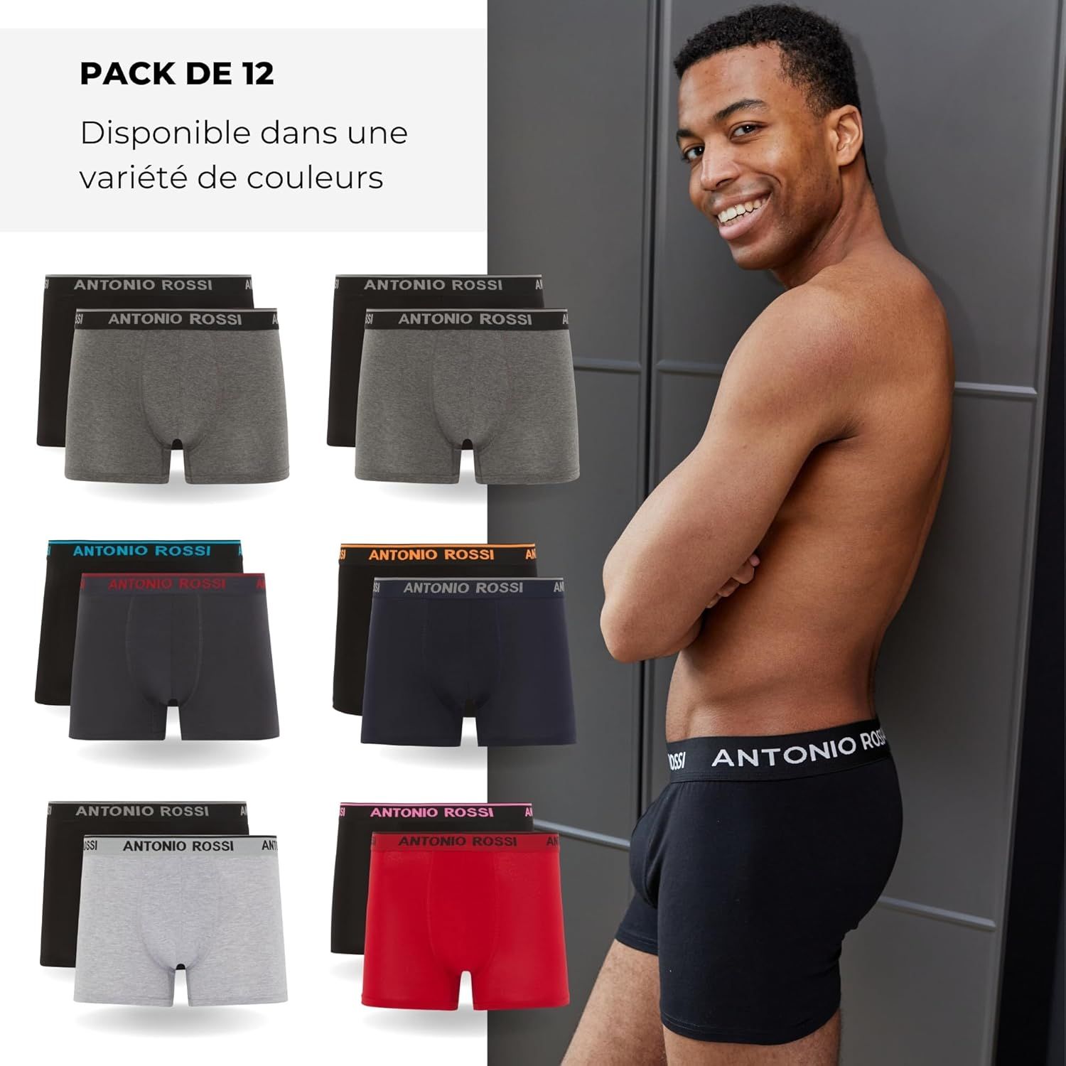 Vue rapprochée des boxers Antonio Rossi, montrant le tissu et la taille élastique