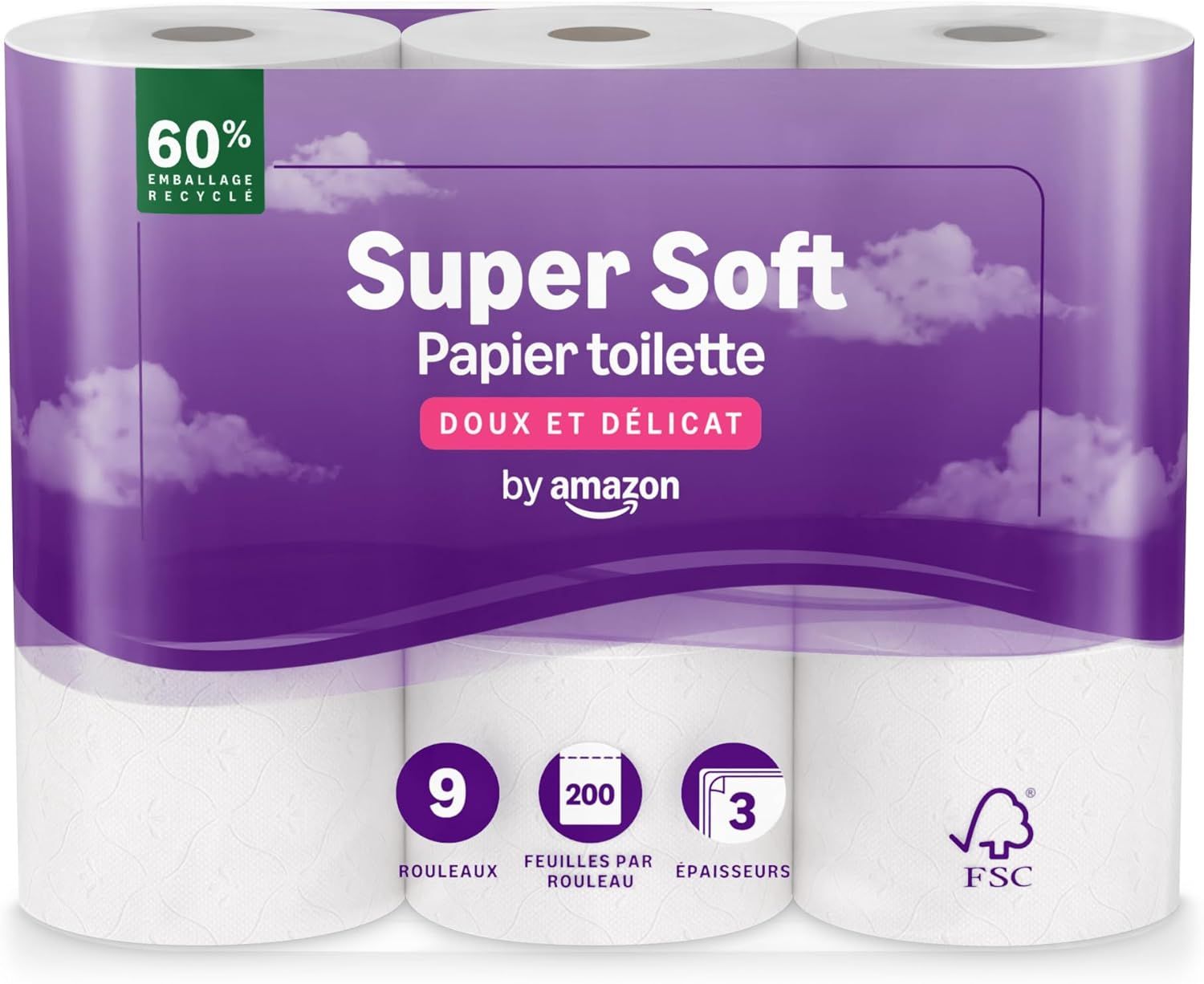 Vue principale : by Amazon by Amazon Toilet Paper, 3 Ply Quilted, Soft and Silky, 9 Rolls (1 Packs of 9), 200 Sheets per Rol…
