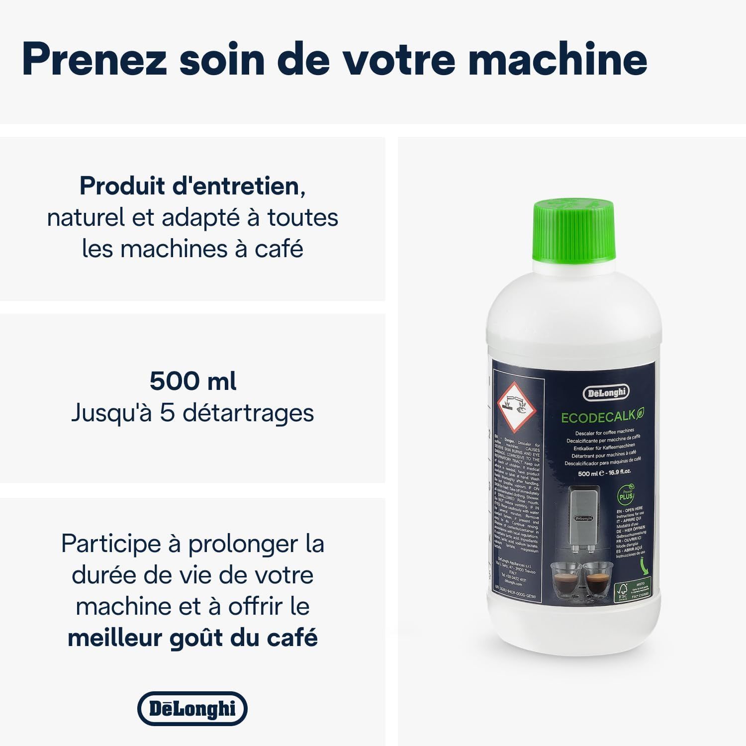 Détail de l'étiquette du détartrant EcoDecalk De'Longhi mettant en avant sa composition végétale