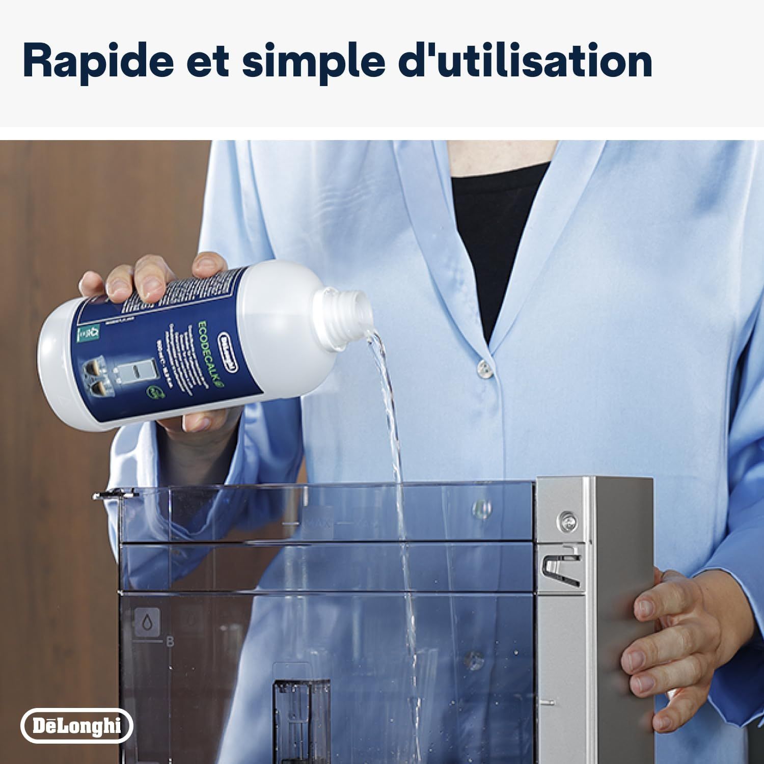 Vue d'ensemble du détartrant EcoDecalk De'Longhi avec sa notice d'utilisation
