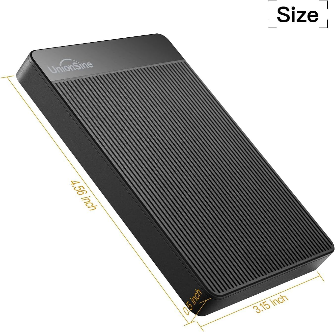 Disque dur UnionSine HD2510 connecté à un ordinateur portable, prêt à l'emploi.