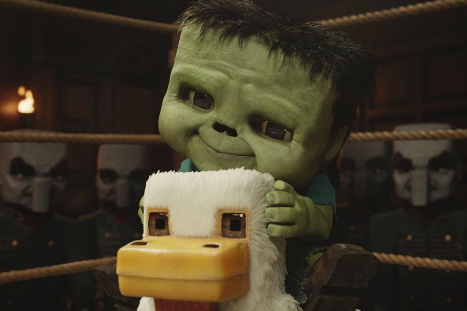 Scène du film Minecraft : les personnages découvrent un monde cubique coloré