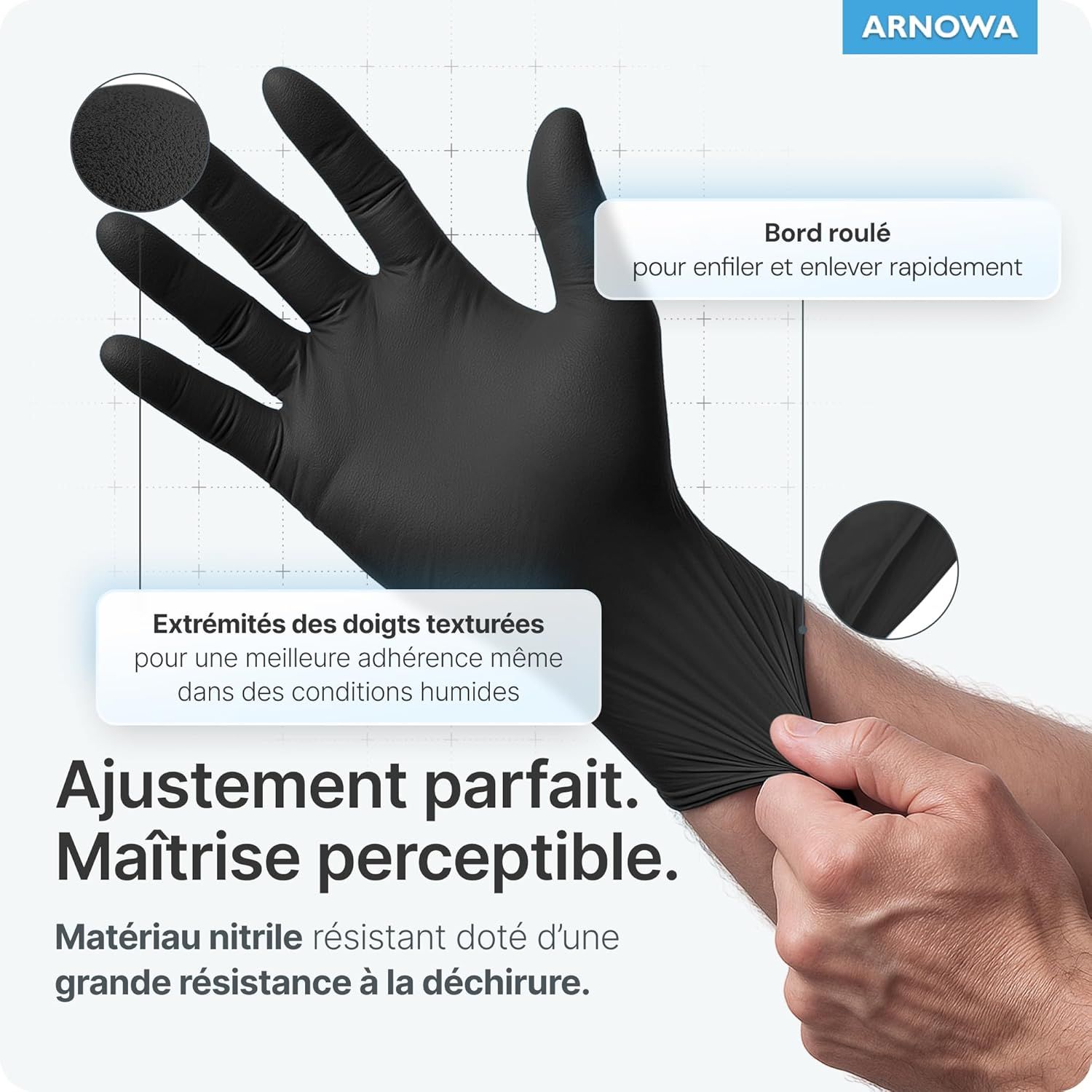 Détail des extrémités texturées des gants ARNOMED pour une meilleure adhérence.