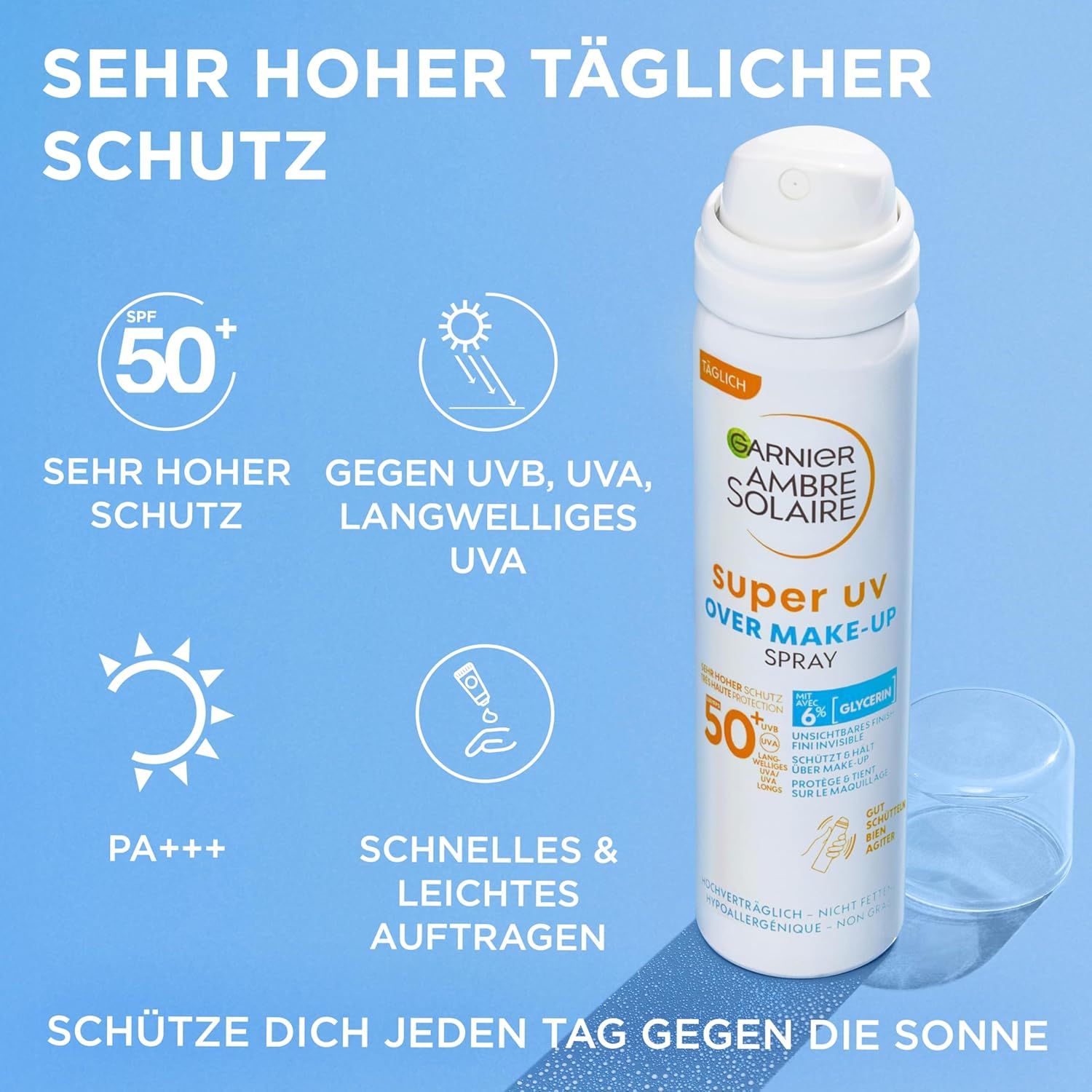 Présentation du produit Garnier Ambre Solaire Super UV Over Makeup Spray SPF 50+