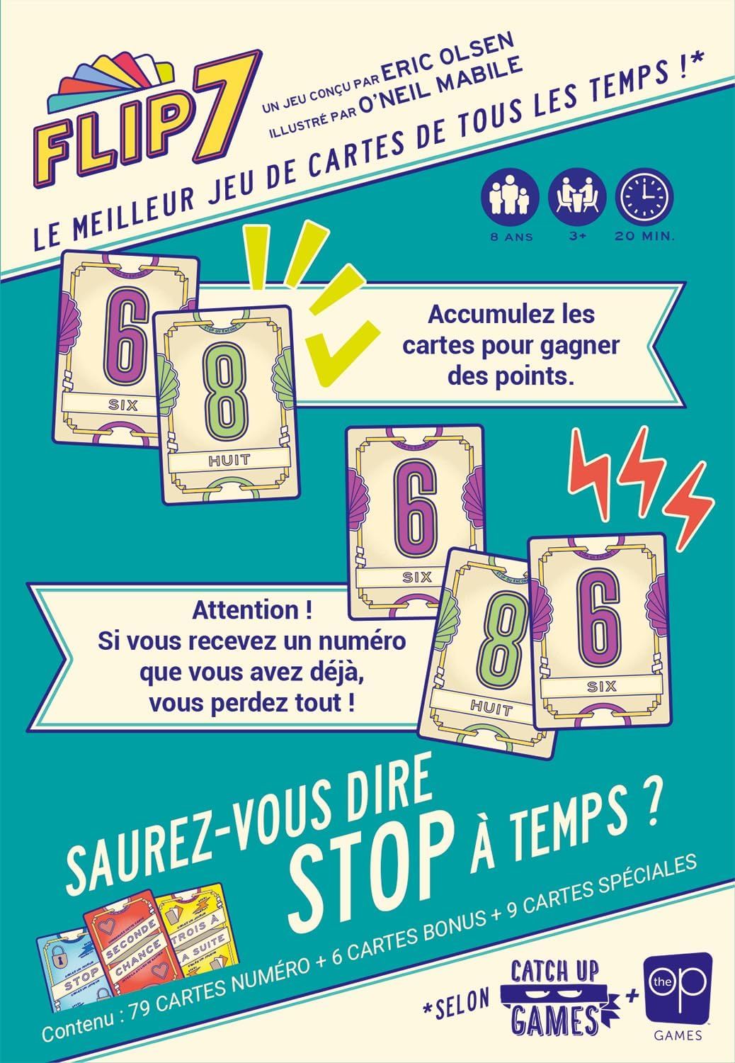 Boîte du jeu Flip 7 avec ses cartes étalées autour