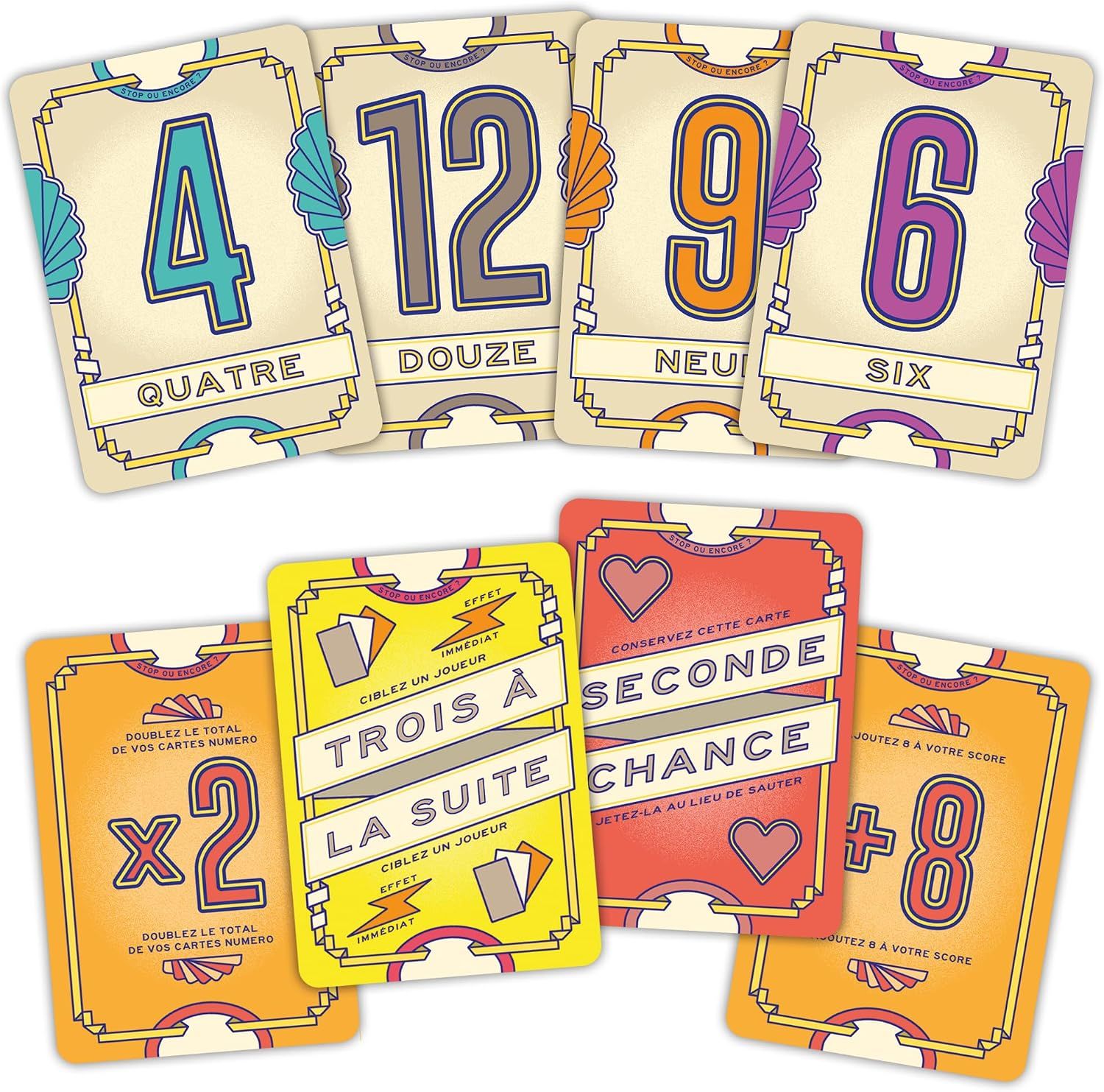 Cartes du jeu Flip 7 avec des numéros et des symboles spéciaux