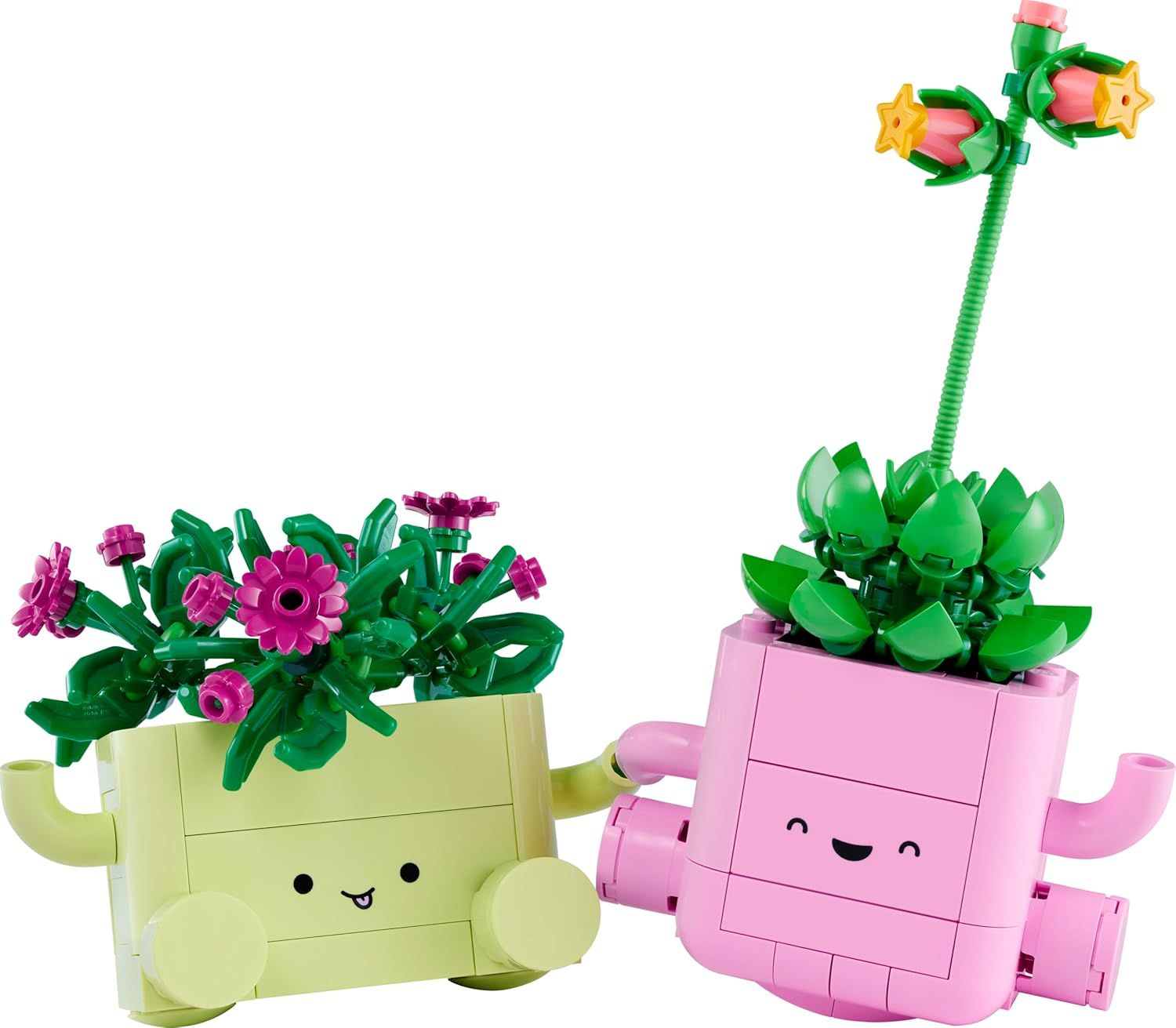Vue détaillée du set LEGO Botanicals Plantes Dansantes avec ses deux plantes et pots pastel.