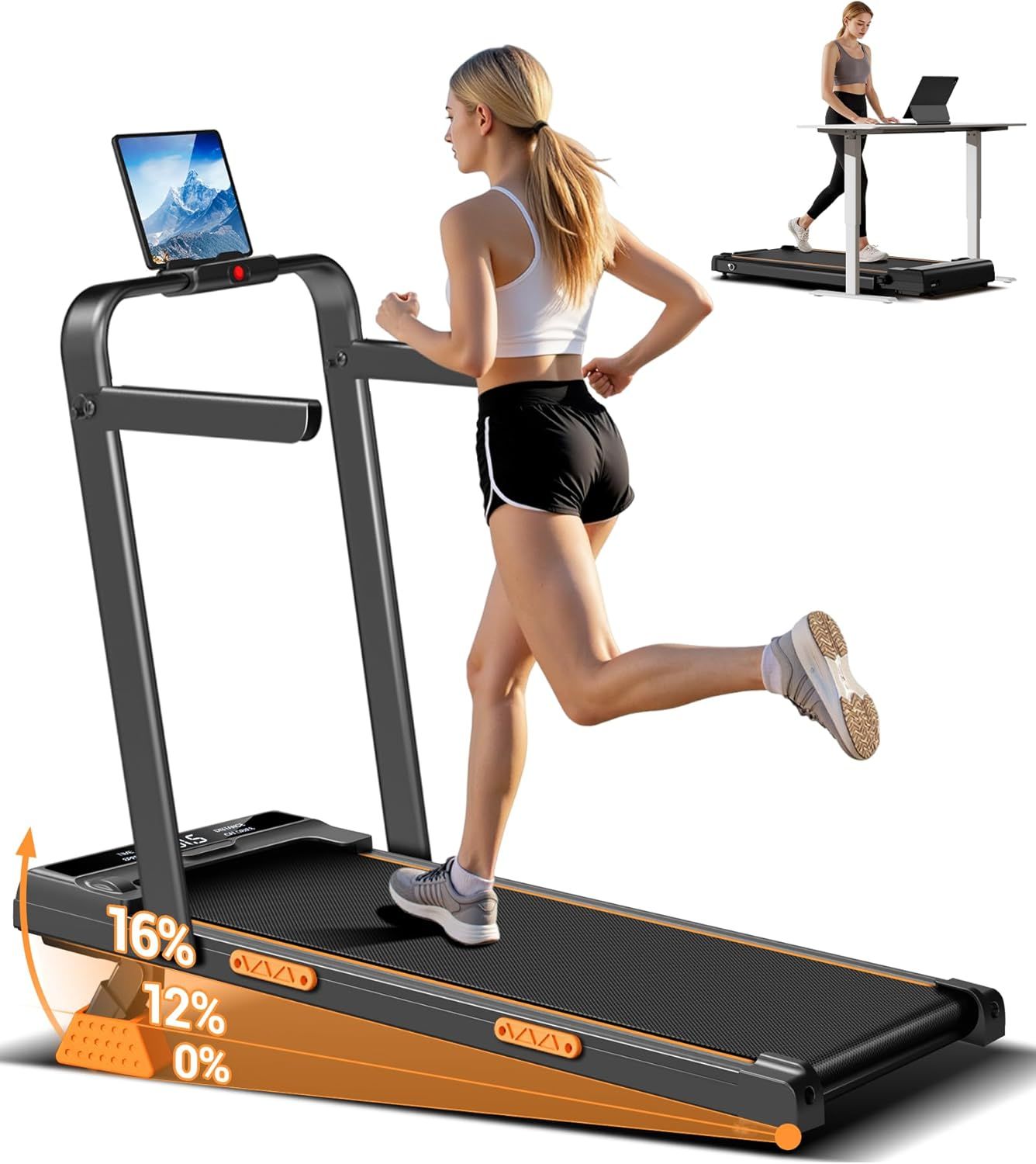 Vue principale : LONTEK LONTEK Tapis de Marche Pliable Inclinable 16%, 10km/h Tapis de Course Pliable Inclinable, avec Affic…