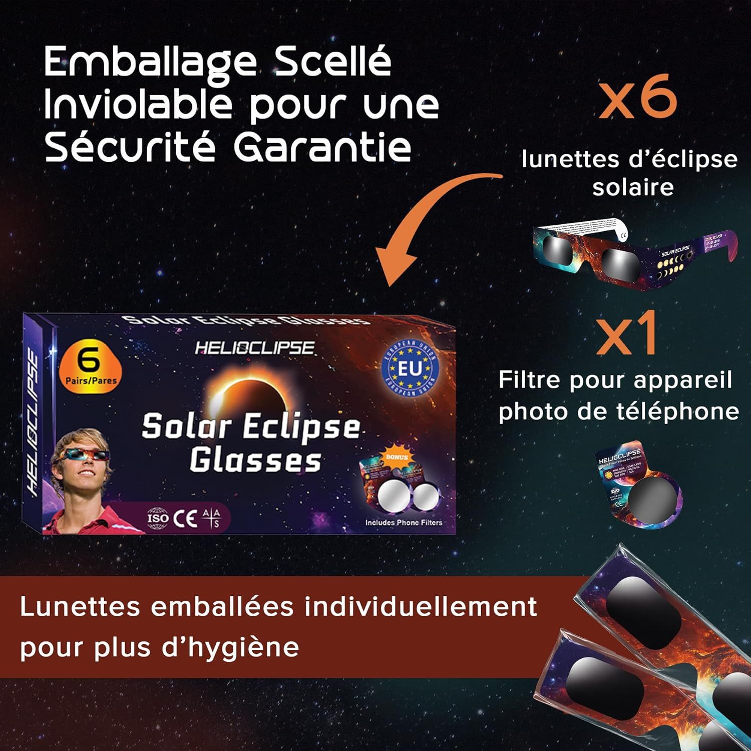 Présentation du lot de 6 lunettes Helioclipse, chacune dans son sachet individuel.