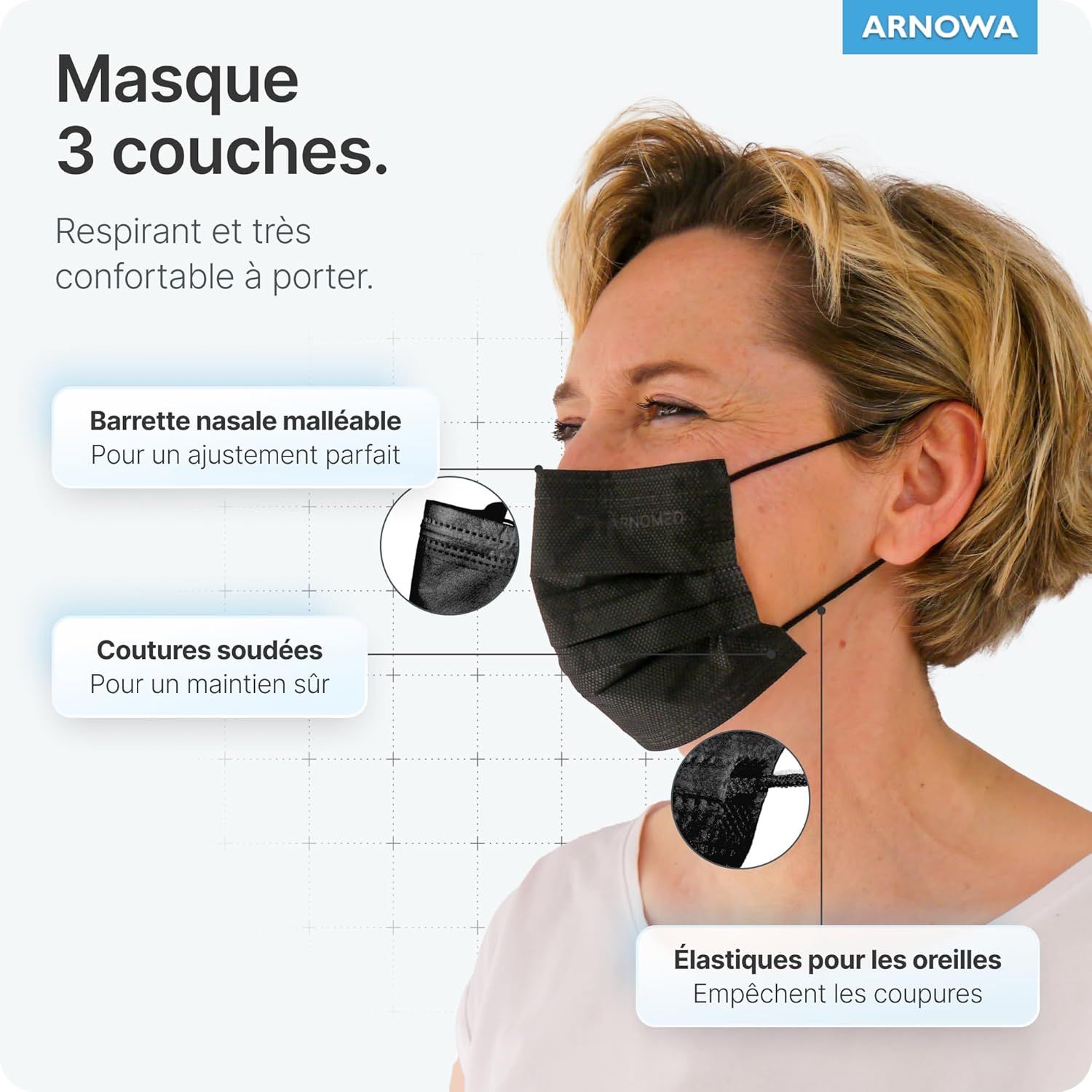 Boîte de 50 masques chirurgicaux noirs ARNOMED Type IIR certifiés EN 14683.