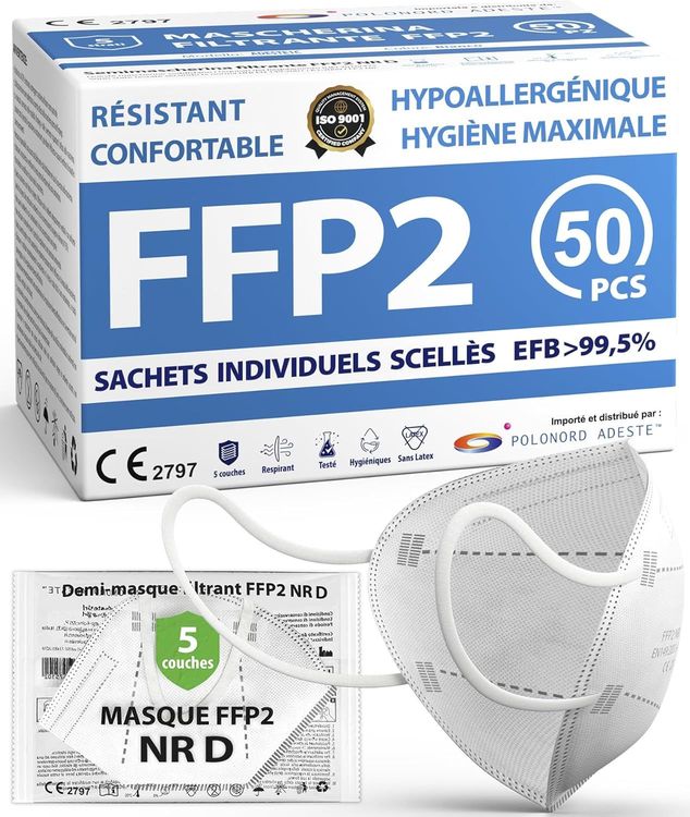 Vue principale : Masque FFP2 blanc Adeste confortable ajustable