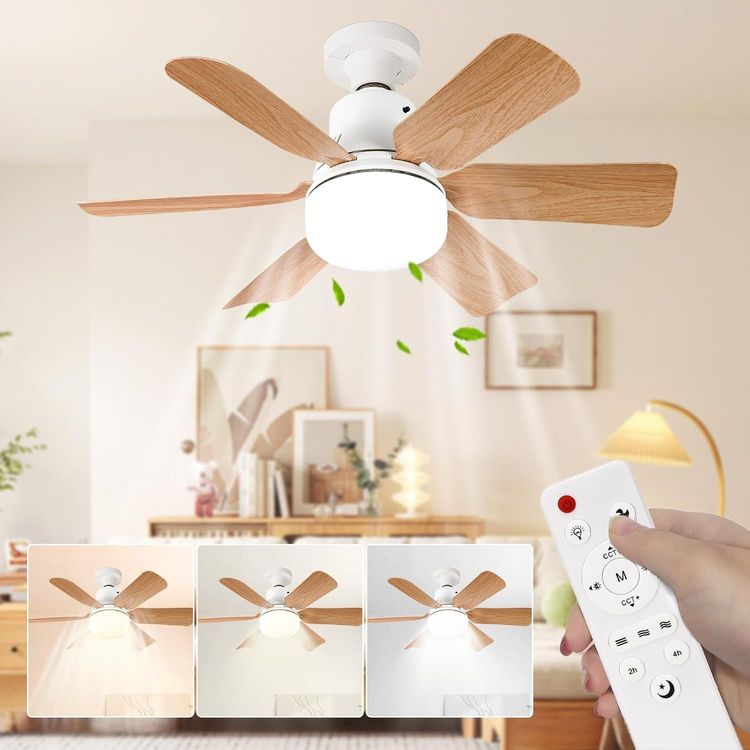 Vue principale : Ventilateur plafond bois design avec éclairage et télécommande