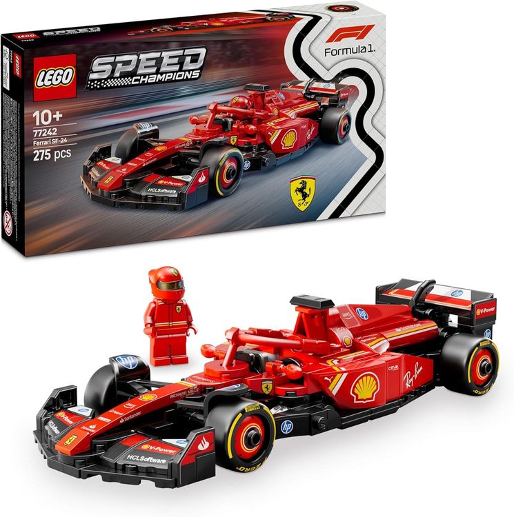 Vue principale : Voiture Ferrari SF-24 F1 LEGO avec pilote à construire