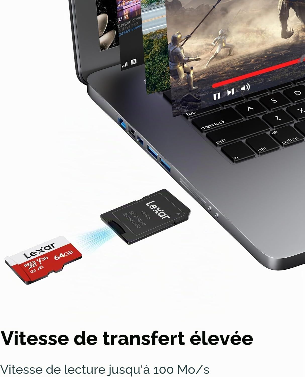 Détail des connecteurs de la carte micro SD Lexar 64 Go