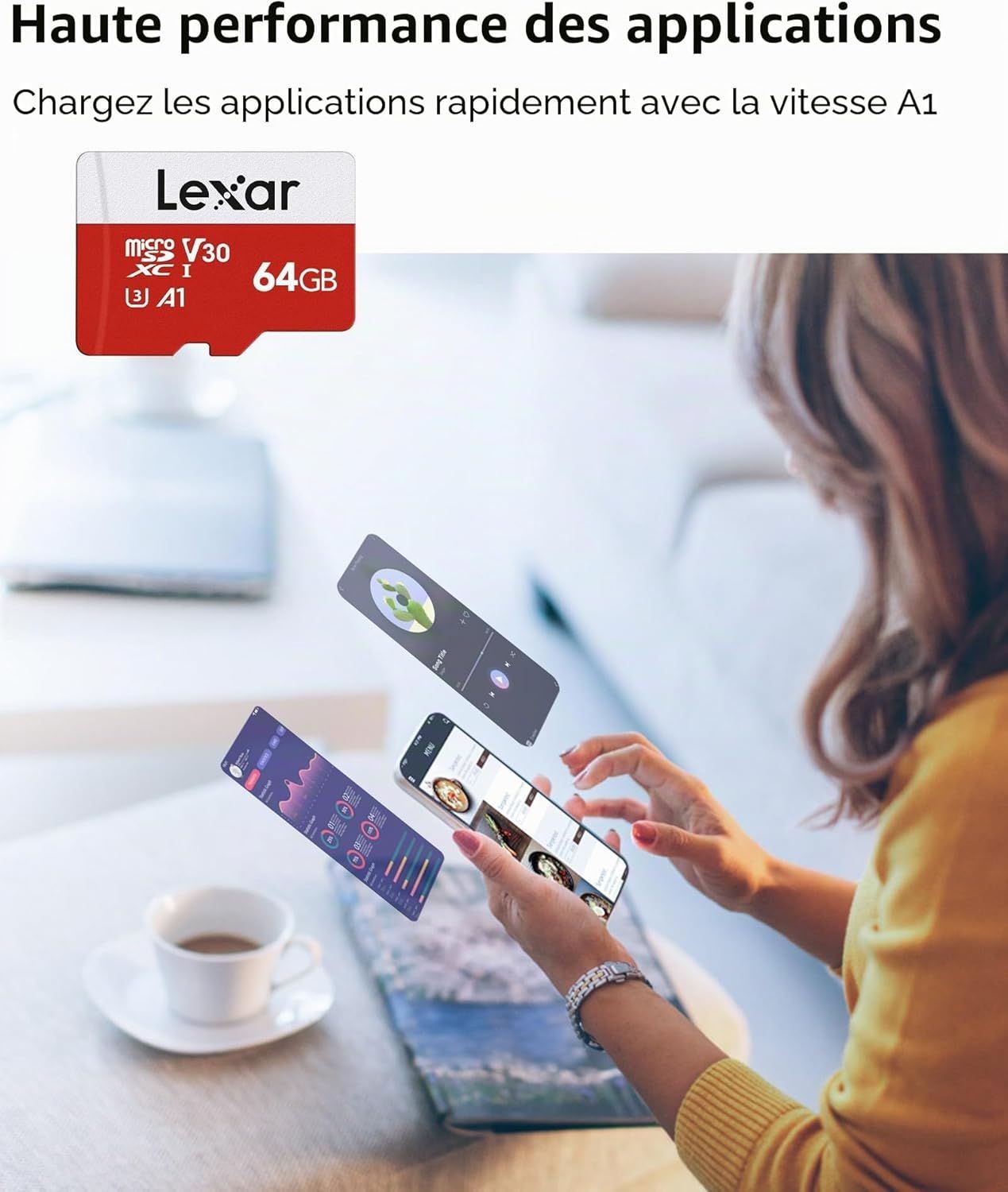 Carte micro SD Lexar 64 Go insérée dans un adaptateur SD