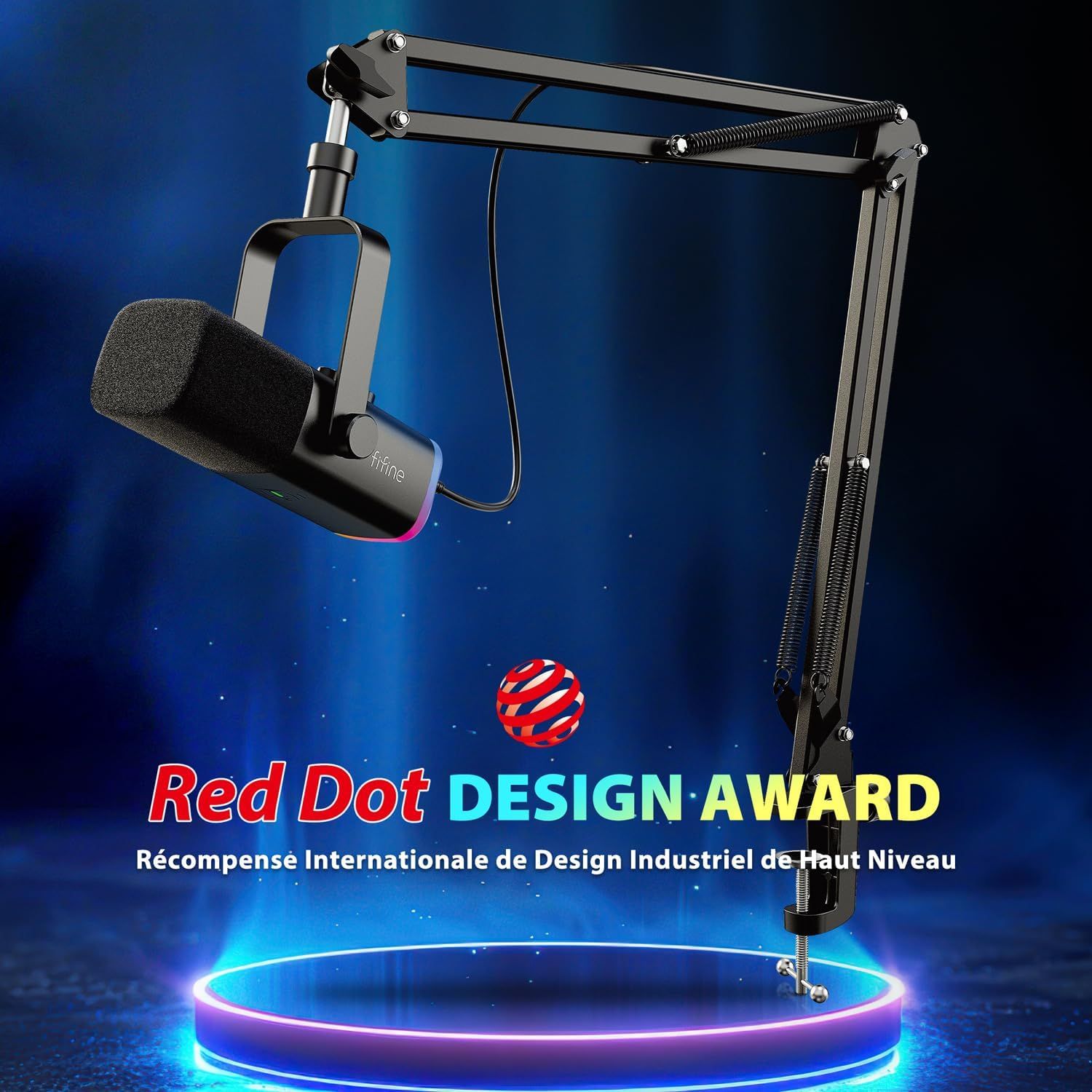 Microphone FIFINE MI14 avec bras articulé et éclairage RGB coloré.