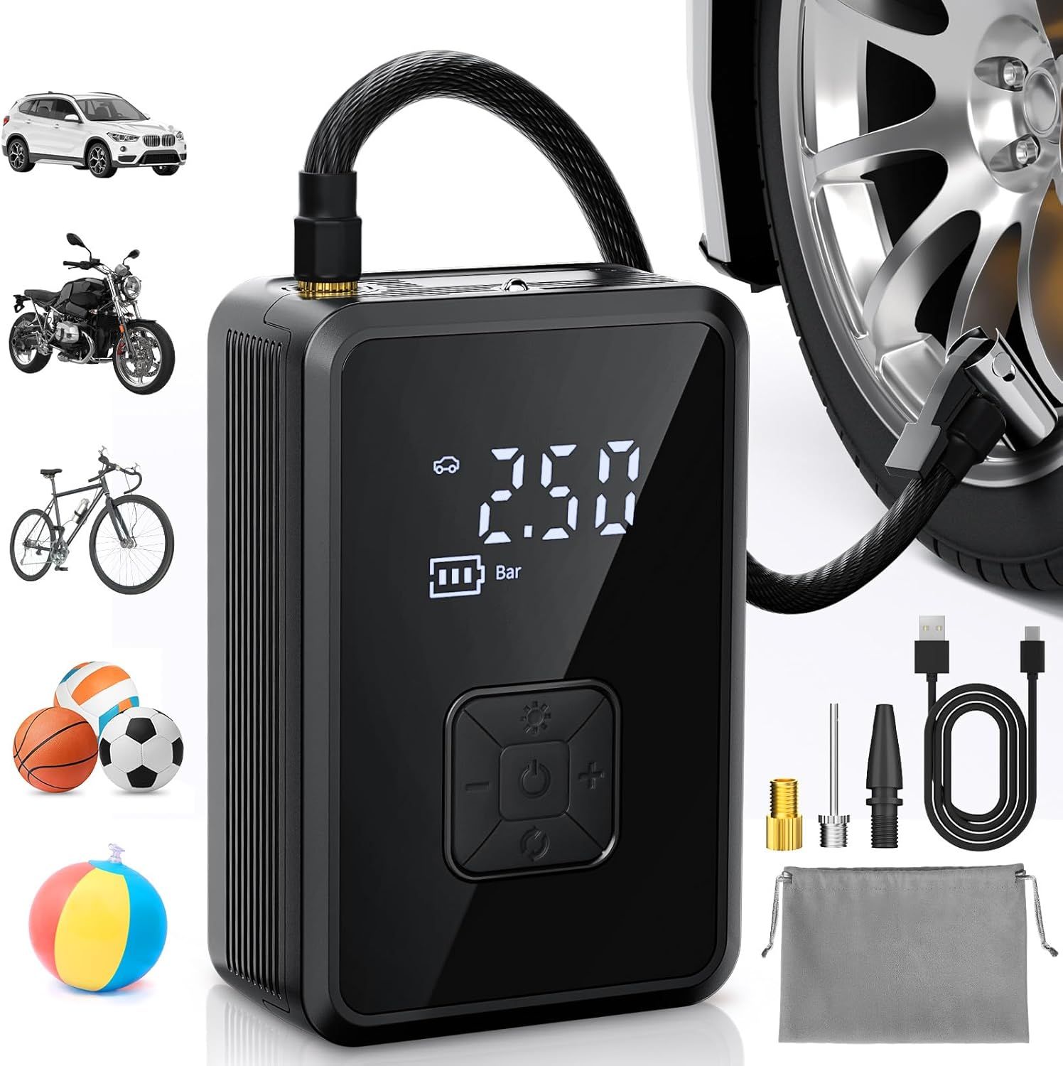 Vue principale : Oasser Oasser Wireless Car Tyre Inflator Mini Portable Air Compressor 150 PSI (10.3 Bar) Fast Inflation Cyl…