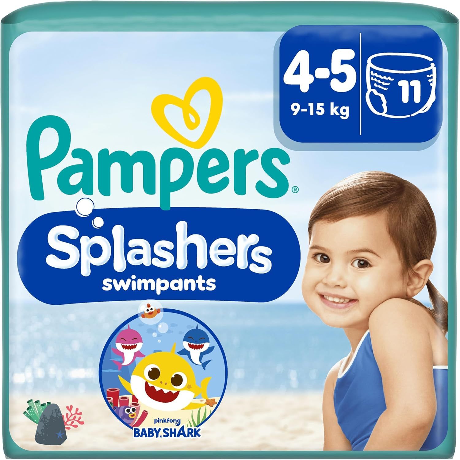 Vue principale : Couches jetables Pampers Splashers taille 4-5, motifs Baby Shark