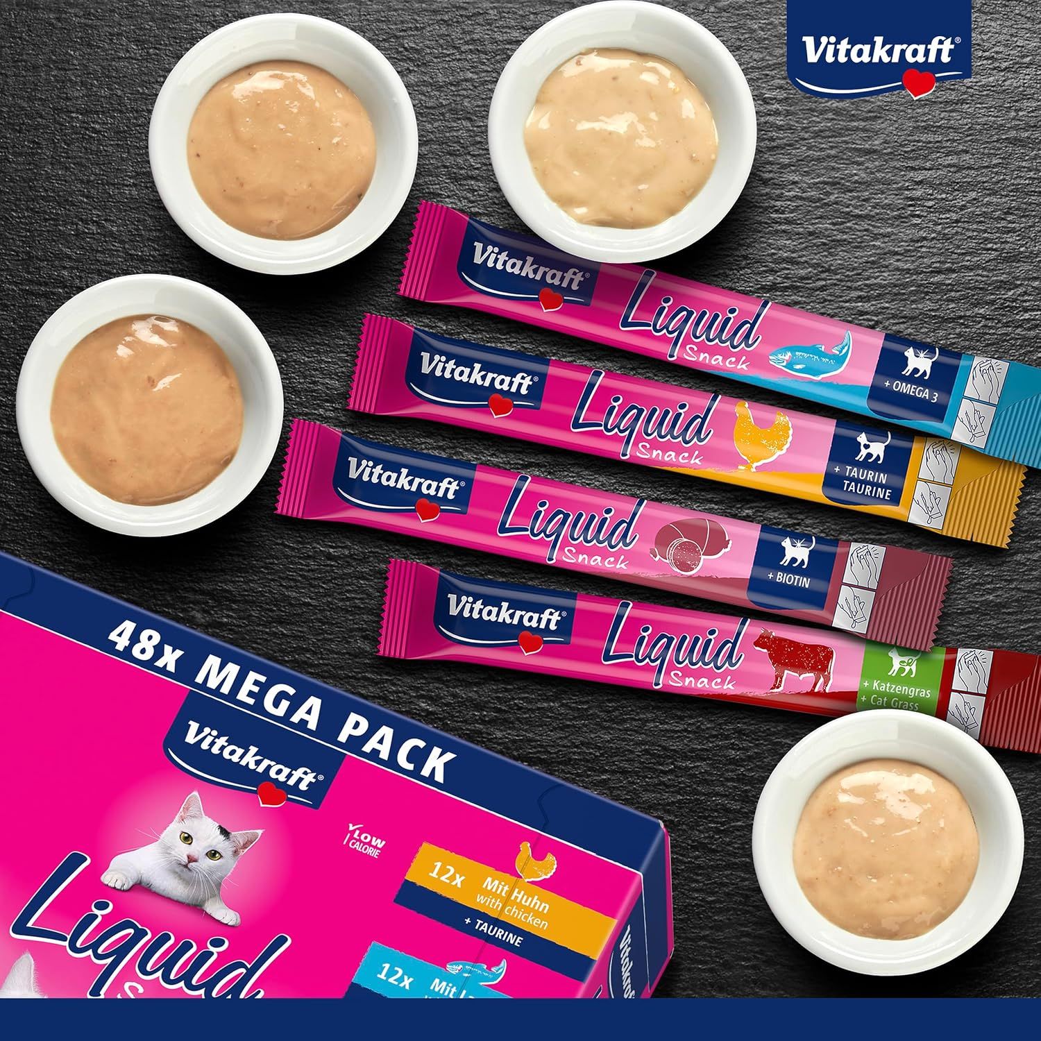 Détail et caractéristiques : Vitakraft VITAKRAFT - Liquid Snack for Cats, Cat Treats in Mega Pack, Creamy Texture, Beef, Chicken, Salmon