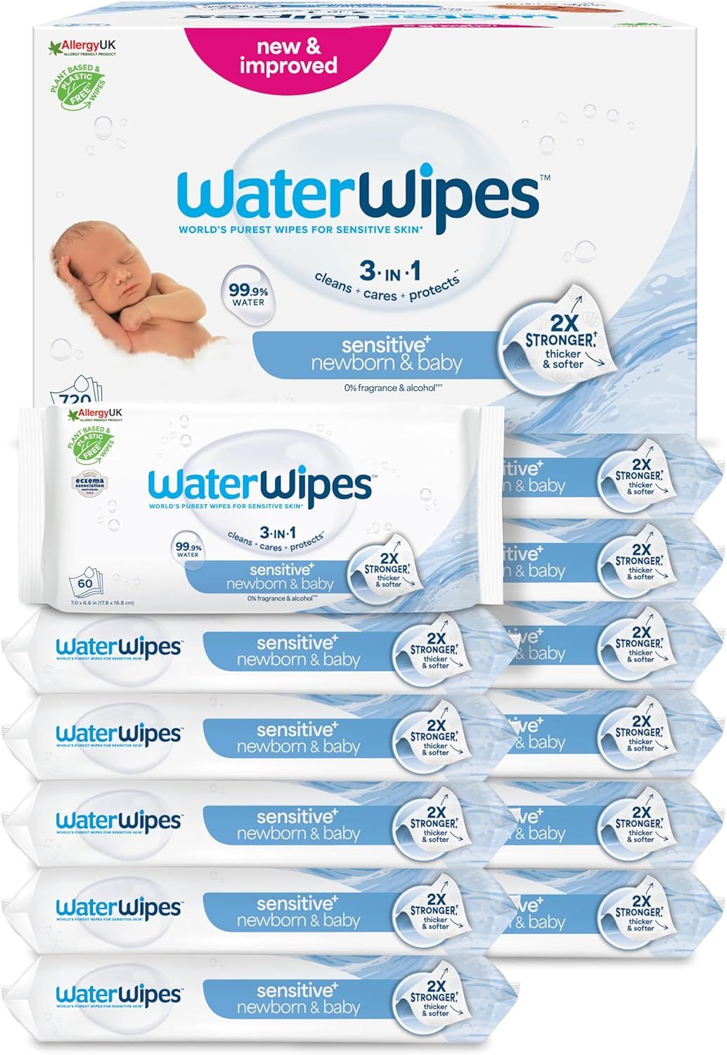 Vue principale : WaterWipes WaterWipes Sensitive+ Newborn & Baby Wipes, Newborn & Baby Wipes, 720 Units (12 Packs), 3-in-1 C…